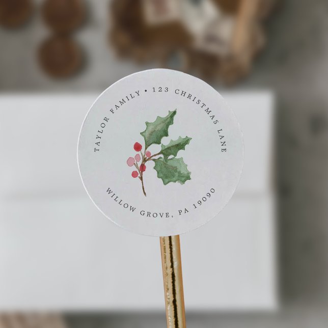 Christmas Greenery & Berry Circular Return Address Classic Round Sticker (Creator Uploaded)