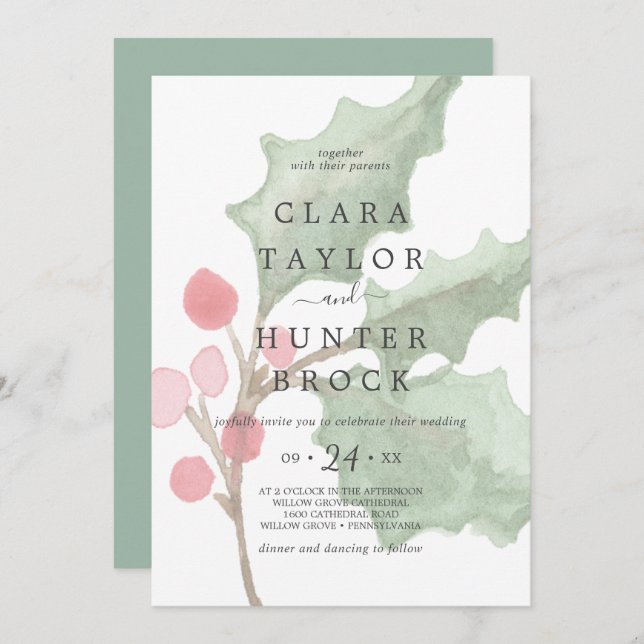 Christmas Greenery & Berry Faded Foliage Wedding Invitation (Front/Back)