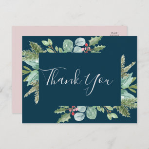 Christmas Greenery & Berry Navy Thank You Postcard