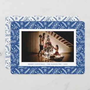 Christmas Greenery (Blue) Horizontal Photo Holiday Card