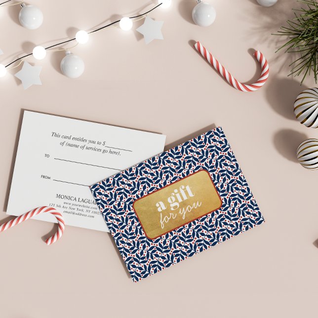 CHRISTMAS GREENERY BLUE RED GOLD HOLIDAY SPECIAL (Customizable Gift Certificates: Gold Leaves, Red Berries, Faux Gold Plaque - Gift for You!)