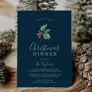 Christmas Greenery Christmas Dinner   Navy Invitation