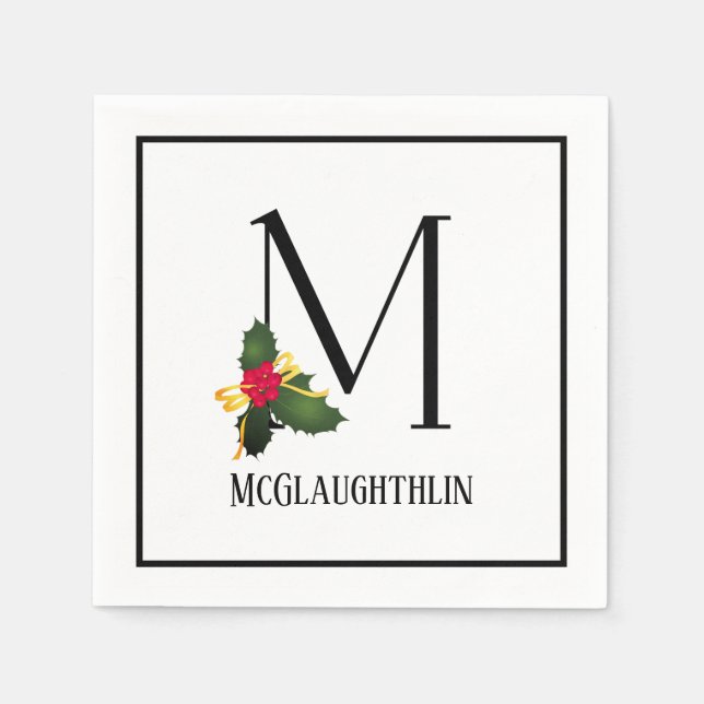 Christmas Greenery Elegant Monogram Letter M Paper Napkin (Front)