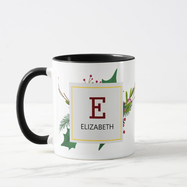 Christmas Greenery Elegant Red Monogram Black Mug (Left)