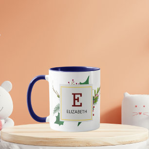 Christmas Greenery Elegant Red Monogram Blue Mug
