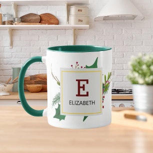 Christmas Greenery Elegant Red Monogram Green Mug