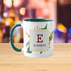 Christmas Greenery Elegant Red Monogram Green Mug