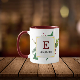 Christmas Greenery Elegant Red Monogram Maroon Mug