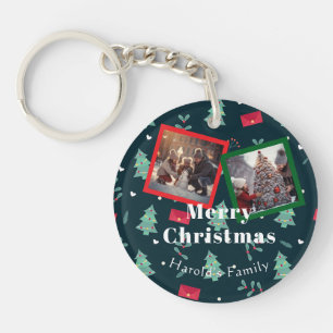 Christmas Greenery Family Photo Monogram  Key Ring