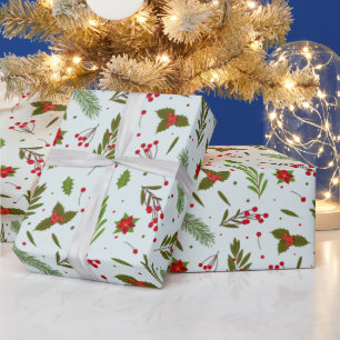 Christmas Greenery Flowers Berries Green Christmas Wrapping Paper