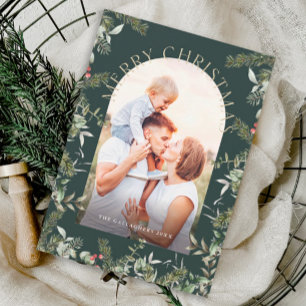 Christmas Greenery Foliage Gold Glitter Photo Holiday Card