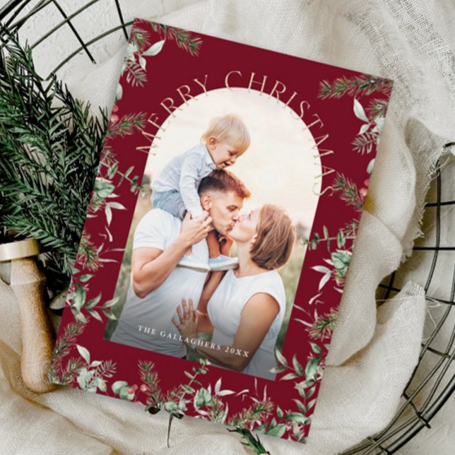 Christmas Greenery Foliage Gold Glitter Photo Holiday Card (Elegant Greenery Arch Photo Christmas Holiday Card.)