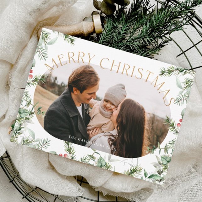 Christmas Greenery Foliage Gold Glitter Photo  Holiday Card (Christmas foliage greenery photo holiday card.)