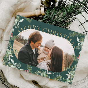 Christmas Greenery Foliage Gold Glitter Photo Holiday Postcard