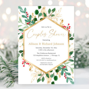 Christmas greenery gold couples bridal shower  invitation