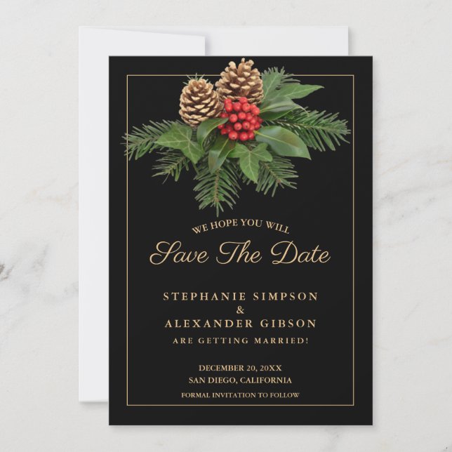 Christmas Greenery Gold On Black Holiday Wedding  Save The Date (Front)