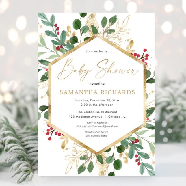 Christmas greenery gold red hollies baby shower invitation (Creator Uploaded)