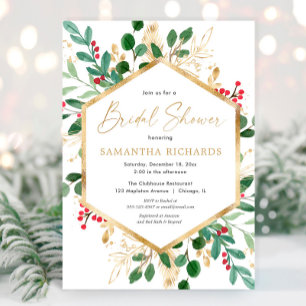 Christmas greenery gold red hollies bridal shower invitation