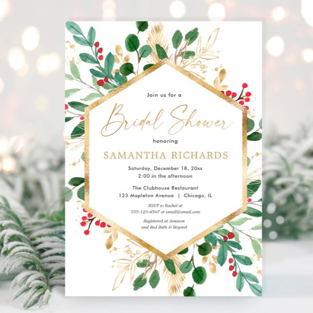Christmas greenery gold red hollies bridal shower invitation (Creator Uploaded)