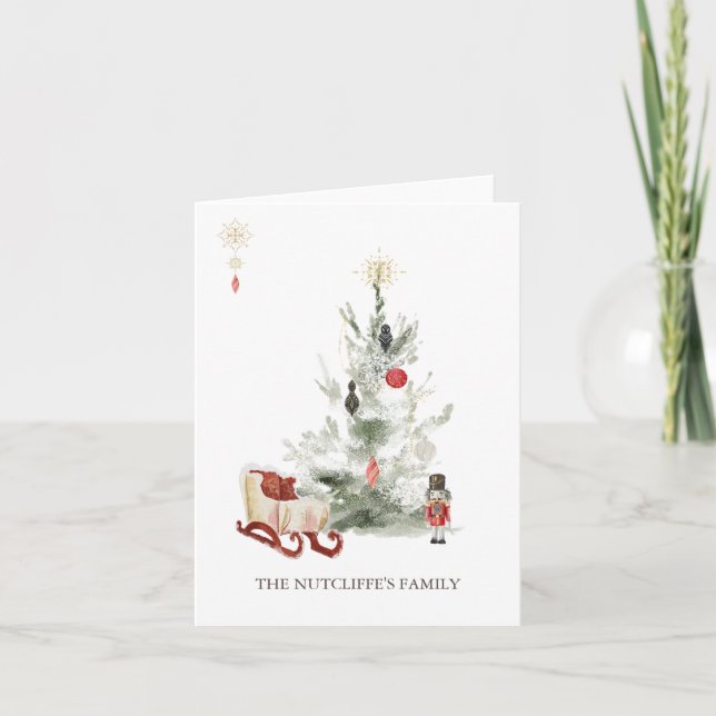 Christmas Greenery Gold Snowflakes Nutcracker Note Card (Front)