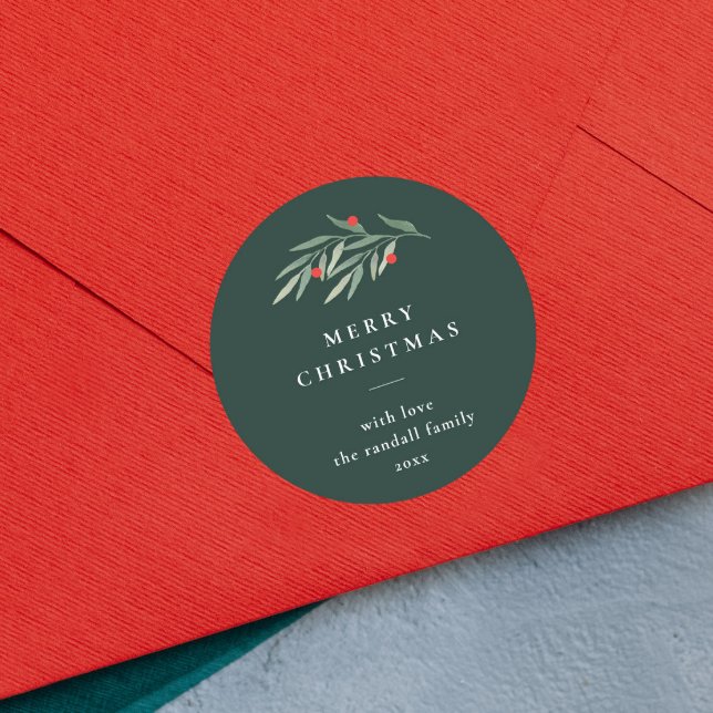 Christmas Greenery Leaves Minimal Typography Green Classic Round Sticker (Simple merry christmas gift tag or envelope sticker with red and green watercolor branch.)