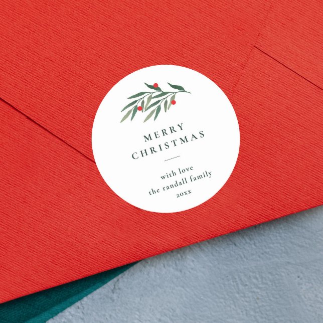 Christmas Greenery Leaves Minimal Typography White Classic Round Sticker (Simple merry christmas gift tag with hand painted red and green foliage and minimal typography.)