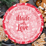 Christmas Greenery Made with Love Holiday Baking Classic Round Sticker<br><div class="desc">Create stickers to label your Christmas holiday homemade goods,  cookies,  candy,  treats,  party favors and more with these stickers featuring white leaves and berries on a red background (or any color you choose) and your message in chic lettering.</div>