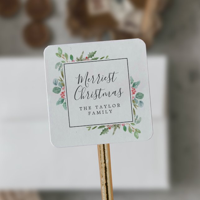Christmas Greenery Merriest Christmas Holiday Gift Square Sticker (Creator Uploaded)