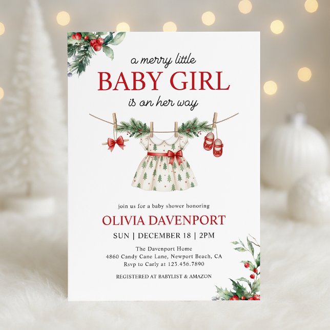 Christmas Greenery Merry Little Girl Baby Shower Invitation (Creator Uploaded)