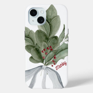 Christmas Greenery Mistletoe Personalised Script iPhone 15 Case