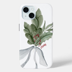 Christmas Greenery Mistletoe Personalised Script iPhone 15 Case
