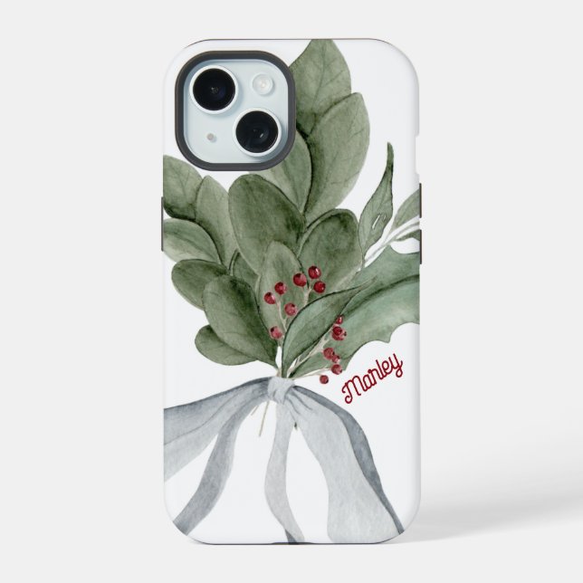 Christmas Greenery Mistletoe Personalised Script iPhone 15 Case (Back)