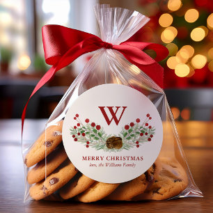 Christmas Greenery Monogrammed Holiday Classic Round Sticker