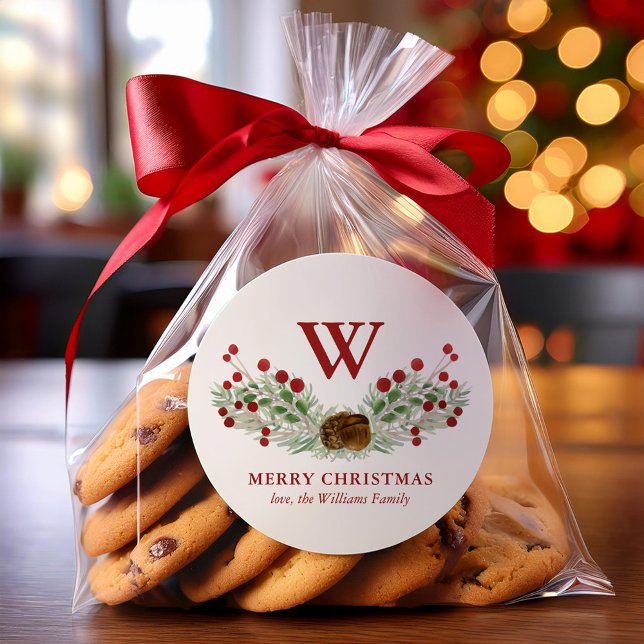 Christmas Greenery Monogrammed Holiday Classic Round Sticker (Creator Uploaded)