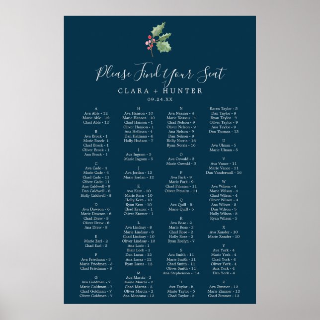 Christmas Greenery Navy Alphabetical Seating Chart (Front)