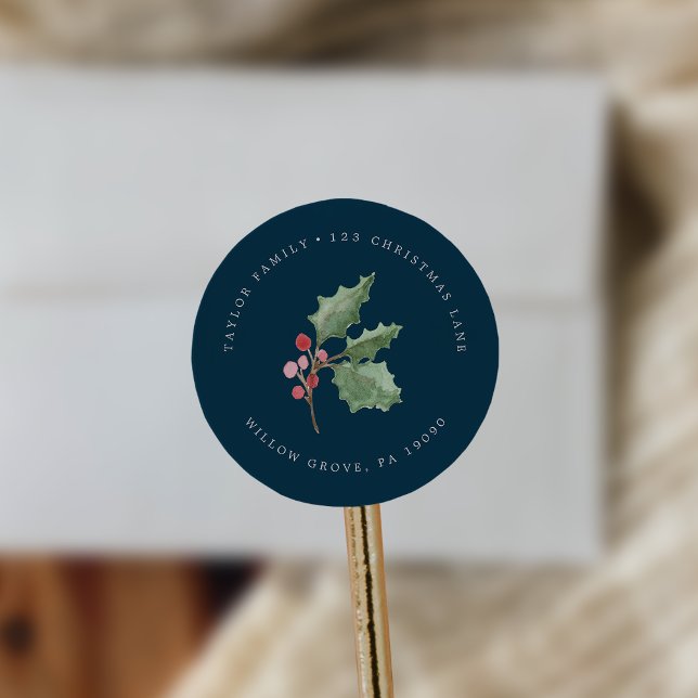 Christmas Greenery | Navy Circular Return Address Classic Round Sticker (Creator Uploaded)