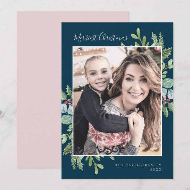 Christmas Greenery | Navy Merriest Christmas Photo Holiday Card (Front/Back)