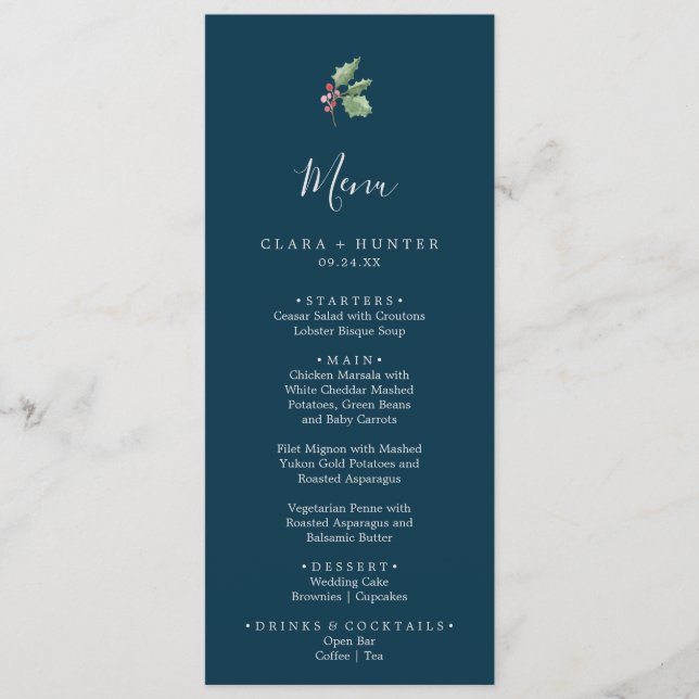 Christmas Greenery | Navy Wedding Dinner Menu (Front)