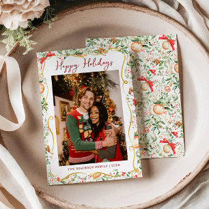 Christmas Greenery Pattern Happy Holidays 1 Photo Holiday Card