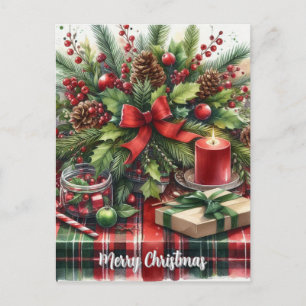 Christmas Greenery Pinecones and Red Bow Holiday Postcard