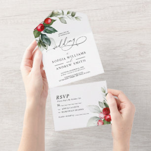 Christmas Greenery & Red Berries All In One Invitation