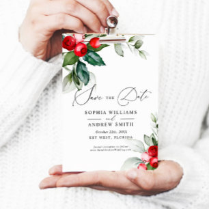 Christmas Greenery & Red Berries Save the Date Invitation