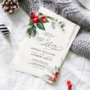 Christmas Greenery & Red Berries Wedding Invitation