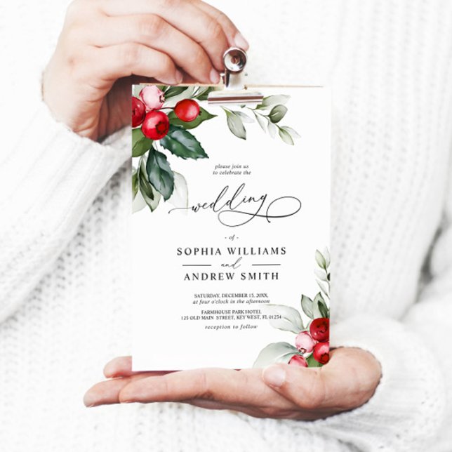 Christmas Greenery & Red Berries Wedding Invitation (Christmas Wedding Invitation)