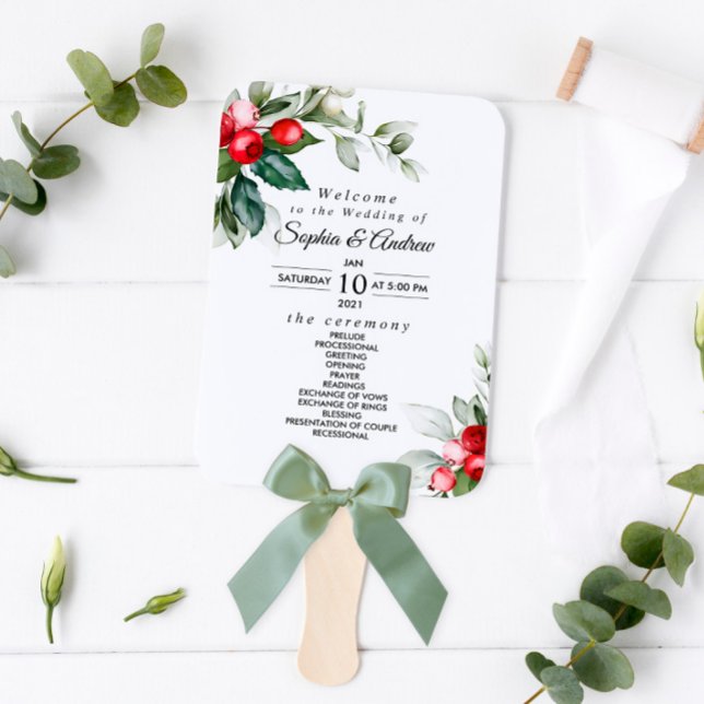 Christmas Greenery & Red Berries Wedding Program Hand Fan (Creator Uploaded)
