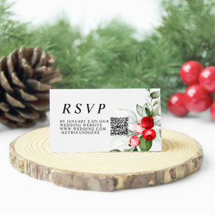 Christmas Greenery & Red Berries Wedding QR RSVP Enclosure Card
