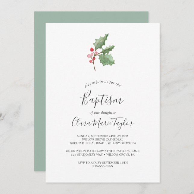 Christmas Greenery & Red Berry Baptism Invitation (Front/Back)