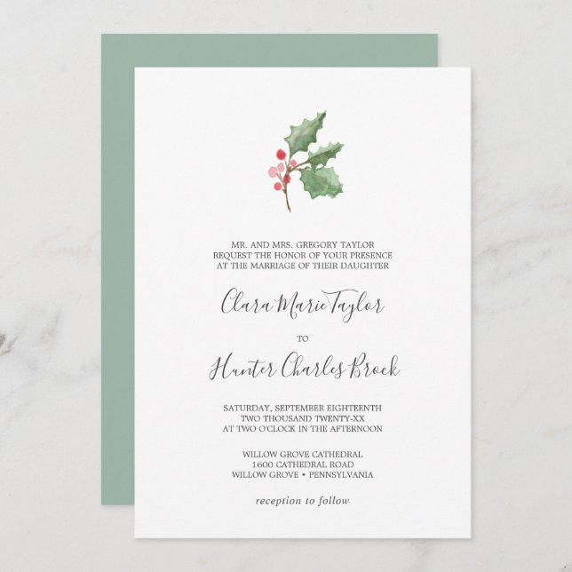 Christmas Greenery & Red Berry Formal Wedding Invitation (Front/Back)