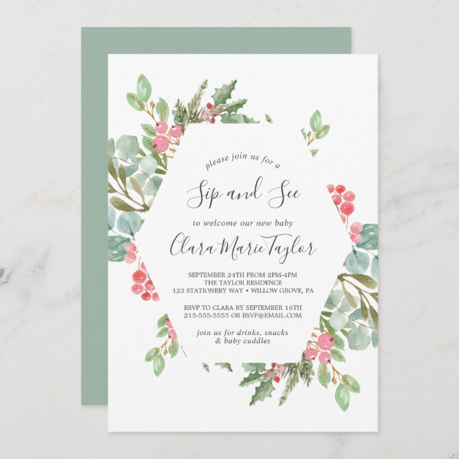 Christmas Greenery & Red Berry Sip and See Invitation (Front/Back)