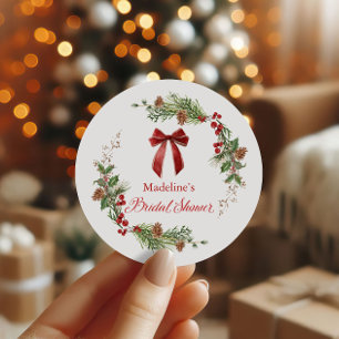 Christmas Greenery Red Bow Bridal Shower  Classic Round Sticker